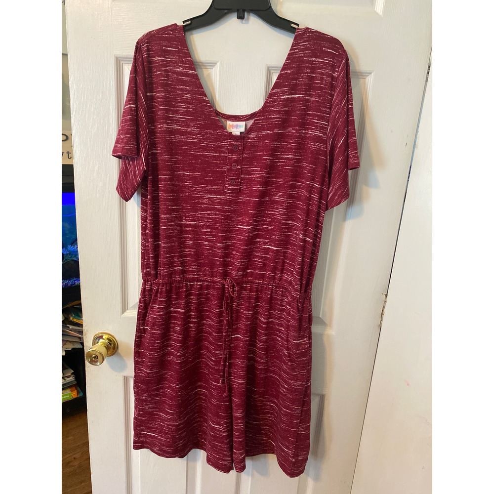 LuLaRoe Romper Large Burgundy Space Dye Henley Elastic Waist Drawstring Pockets